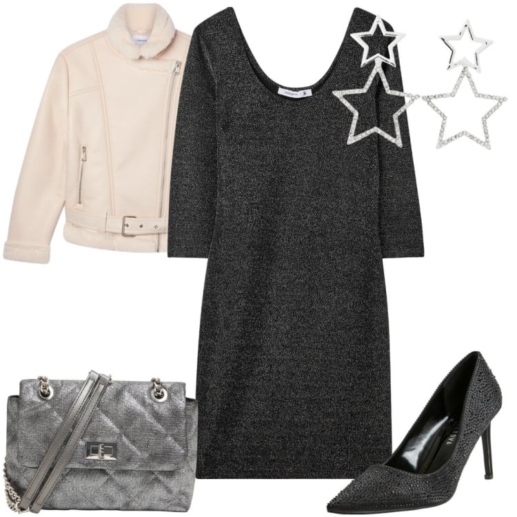 Outfit donna - Stasera con Terranova: Saldi FW 25. Stile Glamour per Serata fuori. Abbinamento con vestiti lunghi, décolleté, bomber, orecchini, borse a tracolla.