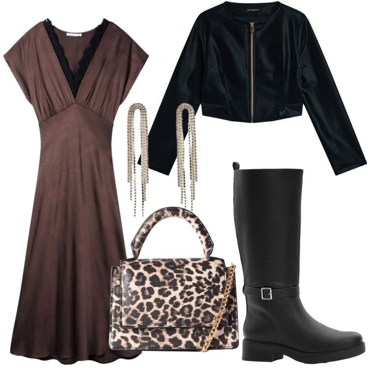 Outfit donna - Total look #2318443. Stile Casual per Tutti i giorni. Abbinamento con stivali, vestiti lunghi, orecchini, borse a tracolla, blazer.