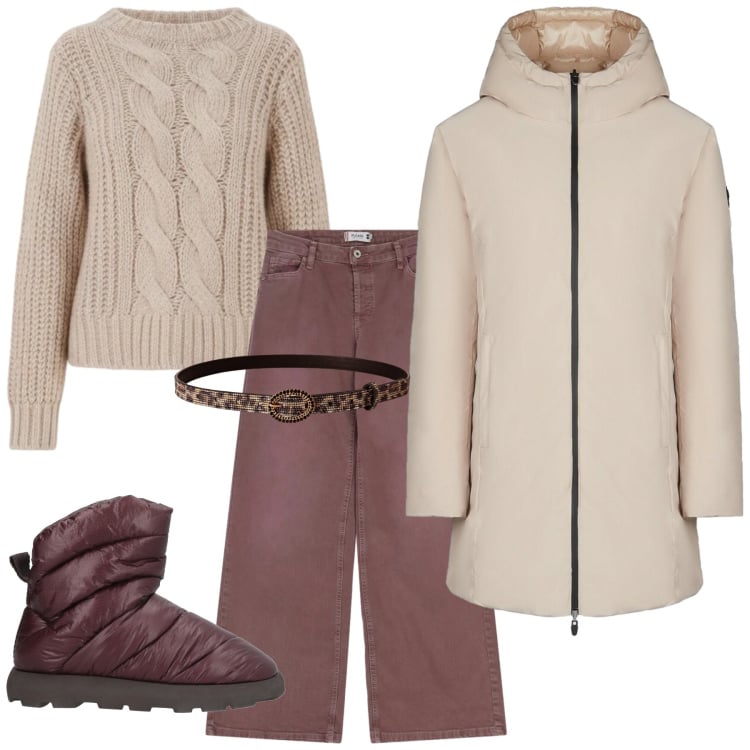 Outfit donna - Wrapped in Style. Stile Minimal per Tutti i giorni. Abbinamento con stivaletti, cinture, pantaloni a palazzo, piumini, maglieria.