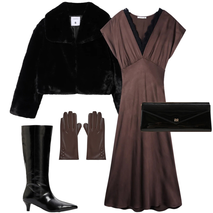 Outfit donna - Serata fuori. Stile Casual chic per Serata fuori. Abbinamento con stivali, vestiti lunghi, guanti, ecopellicce, pochette.