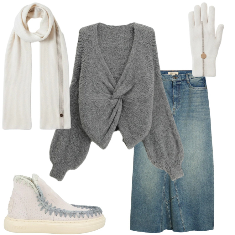 Outfit donna - Casual invernale. Stile Casual per Tutti i giorni. Abbinamento con gonne, stivaletti, cardigans, guanti, sciarpe.