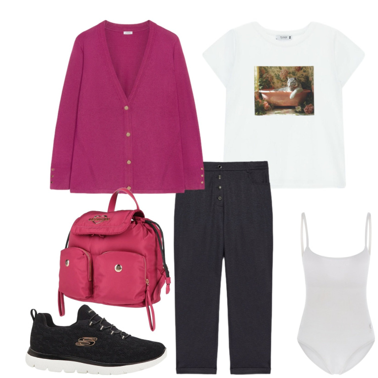 Outfit donna - Total look #2318471. Stile Casual per Tutti i giorni. Abbinamento con sneakers, zaini, t-shirt, body, cardigans, pantaloni.