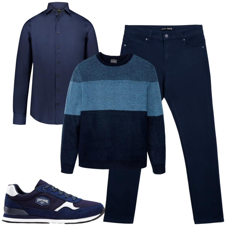 Outfit uomo - Blu intenso. Stile Urban per Tutti i giorni. Abbinamento con sneakers, maglieria, pantaloni skinny, camicie.