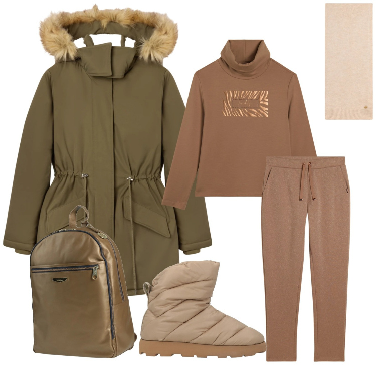 Outfit donna - Total look #2318474. Stile Casual per Tutti i giorni. Abbinamento con zaini, stivaletti, parka, pantaloni, felpe, sciarpe.