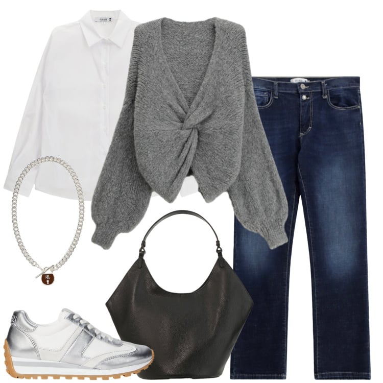 Outfit donna - Please sales. Stile Casual per Tutti i giorni. Abbinamento con cardigans, jeans dritti, camicie, sneakers, ciondoli, borse a spalla.