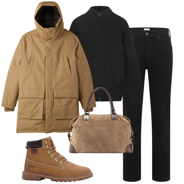 Outfit uomo - Freddo gennaio. Stile Casual per Tutti i giorni. Abbinamento con jeans dritti, stivali e stivaletti, parka, borse sportive, cardigans.