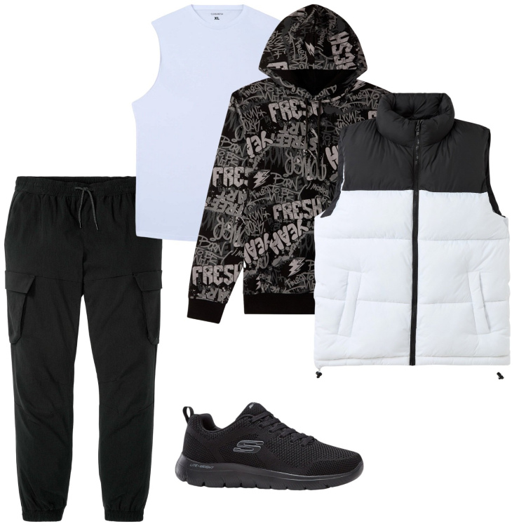 Outfit uomo - Weekend lento. per Sport. Abbinamento con sneakers, pantaloni cargo, piumini, canottiere, felpe con cappuccio.