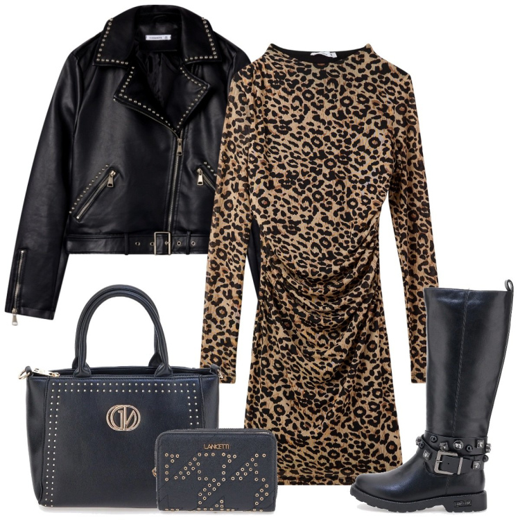 Outfit donna - Animalier. Stile Basic per Serata fuori. Abbinamento con vestiti midi/longuette, giacche, portafogli, stivali sopra il ginocchio, borse a mano.