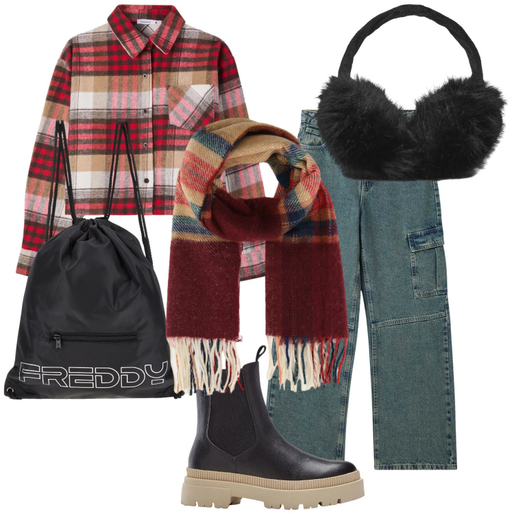 Outfit donna - Allegra boscaiola. Stile Trendy per Tutti i giorni. Abbinamento con stivaletti chelsea, camicie, jeans, cappelli, sciarpe, zaini.