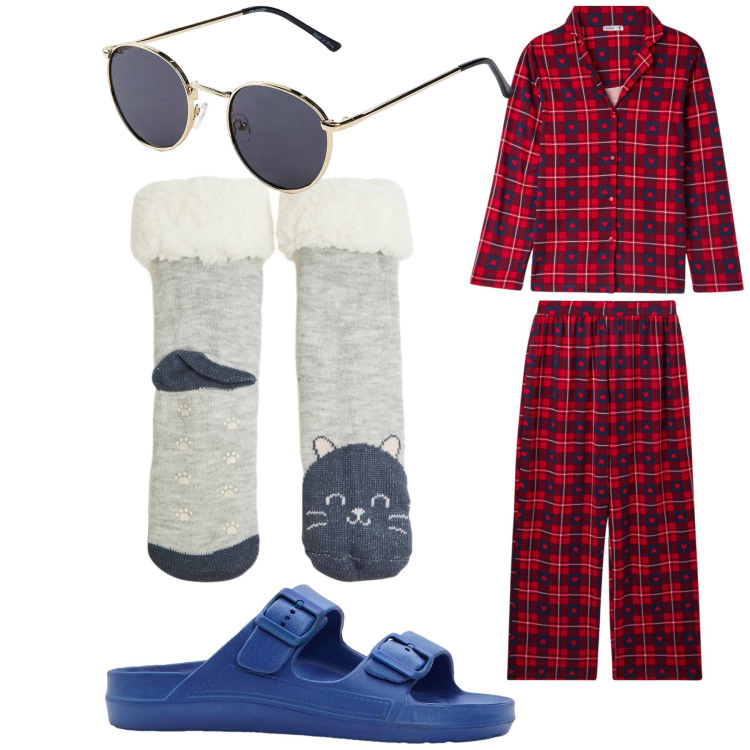 Outfit donna - In casa col micio. Stile Basic per Tutti i giorni. Abbinamento con occhiali da sole, ciabatte, calzini, pigiama.