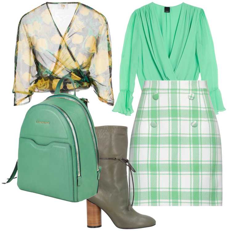 Outfit donna - Stilosa al lavoro. Stile Urban per Ufficio. Abbinamento con zaini, stivaletti, top, body, minigonne.