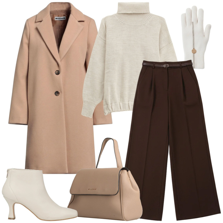Outfit donna - Un nuovo anno un nuovo stile. Stile Casual chic per Ufficio. Abbinamento con cappotti, stivaletti, zaini, pantaloni a palazzo, guanti, maglieria.