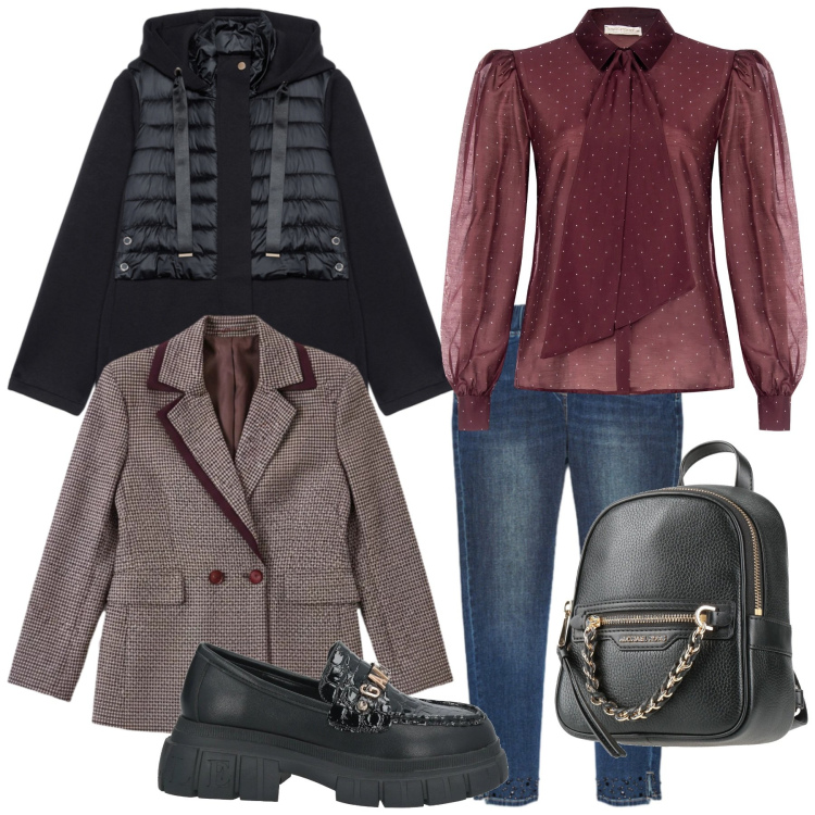 Outfit donna - Un nuovo anno, un nuovo stile. Stile Glamour per Serata fuori. Abbinamento con zaini, mocassini, blazer, camicie, piumini, jeggings.