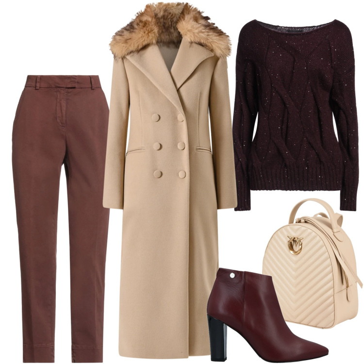 Outfit donna - Il capospalla importante. Stile Chic per Ufficio. Abbinamento con pullovers, zaini, stivaletti, pantaloni skinny, cappotti.