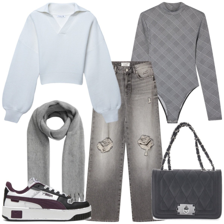 Outfit donna - Saldissimi. Stile Sporty chic per Tutti i giorni. Abbinamento con body, jeans strappati, maglieria, sciarpe, sneakers, borse a tracolla.
