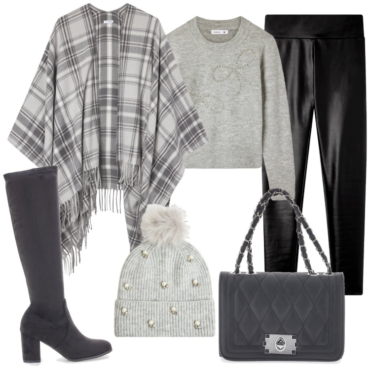 Outfit donna - Terranova saldi. Stile Casual chic per Tutti i giorni. Abbinamento con leggings, maglieria, berretti, cappotti, borse a tracolla, stivali sopra il ginocchio.