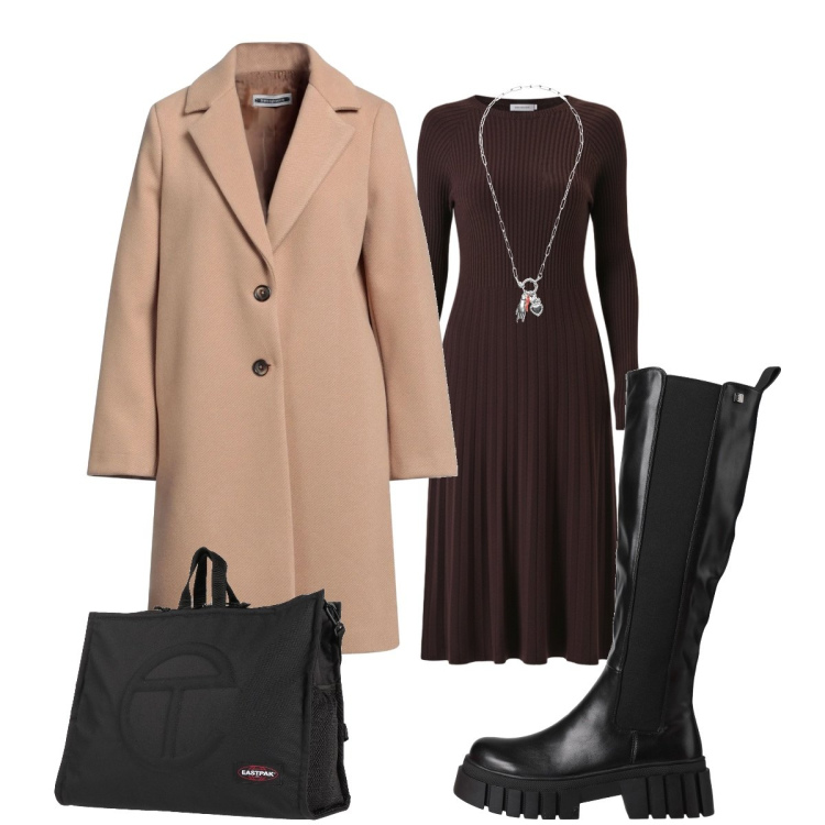 Outfit donna - Rientro in ufficio. Stile Bon Ton per Ufficio. Abbinamento con cappotti, zaini, stivali, ciondoli, vestiti midi/longuette.