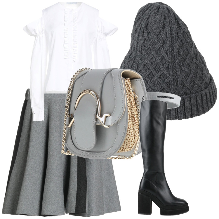 Outfit donna - Grigio inverno. Stile Casual chic per Tutti i giorni. look ideale per Tall. Abbinamento con minigonne, cappelli, camicie, stivali, marsupi.