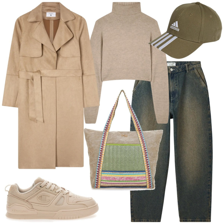 Outfit donna - Terranova stile. Stile Sporty chic per Tutti i giorni. Abbinamento con jeans, trench, maglieria, cappelli con visiera, sneakers, shopping bag.