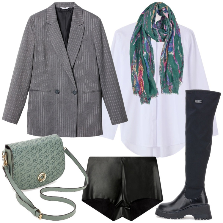 Outfit donna - Aperitivo veloce. Stile Casual chic per Tutti i giorni. Abbinamento con shorts, blazer, camicie, stivali, borse a tracolla, foulard.