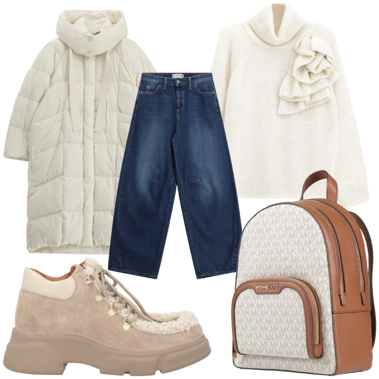 Outfit donna - Total look #2318569. Stile Casual chic per Scuola/Università. Abbinamento con stivaletti, zaini, piumini, maglieria, jeans.