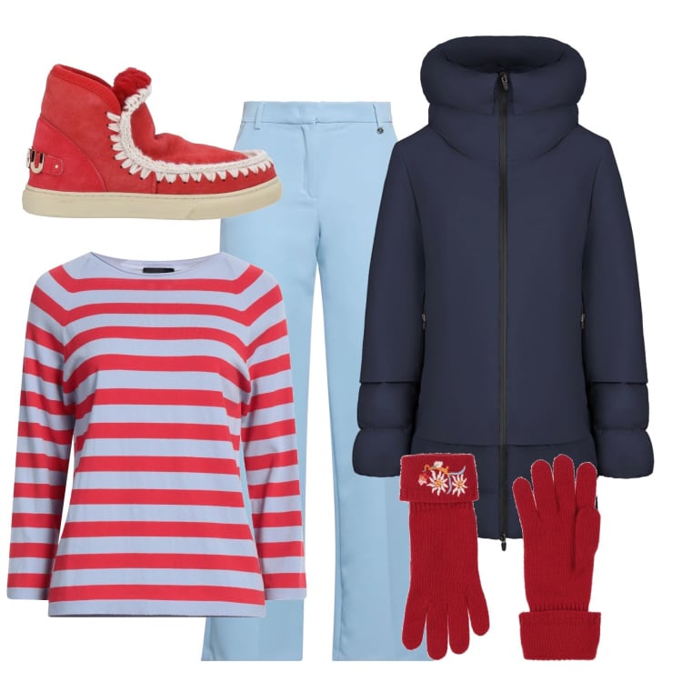 Outfit donna - Note di rosso. Stile Casual chic per Tutti i giorni. Abbinamento con pantaloni, guanti, stivaletti, pullovers, piumini.