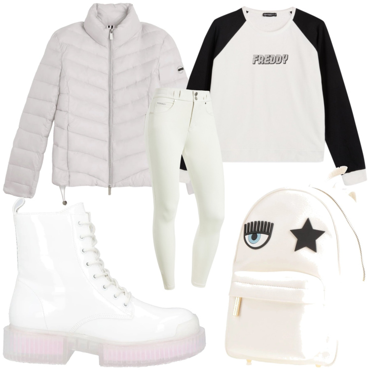 Outfit donna - Total look #2318572. Stile Trendy per Scuola/Università. Abbinamento con stivaletti, zaini, piumini, felpe, pantaloni skinny.