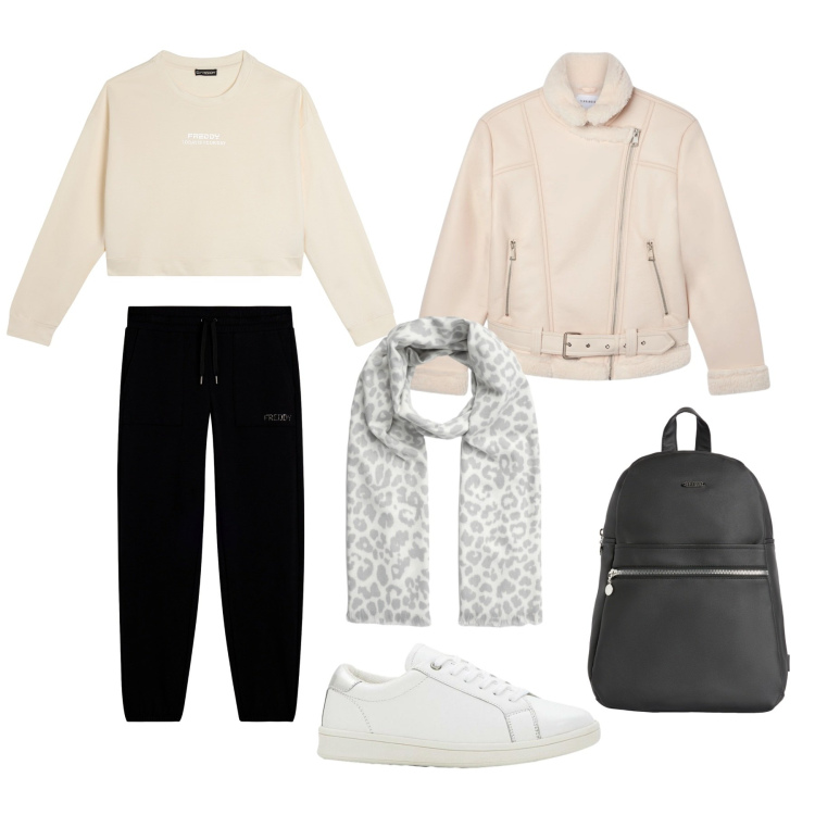 Outfit donna - Comodità quotidiana. Stile Basic per Tutti i giorni. Abbinamento con sneakers, bomber, sciarpe, felpe, pantaloni, zaini.