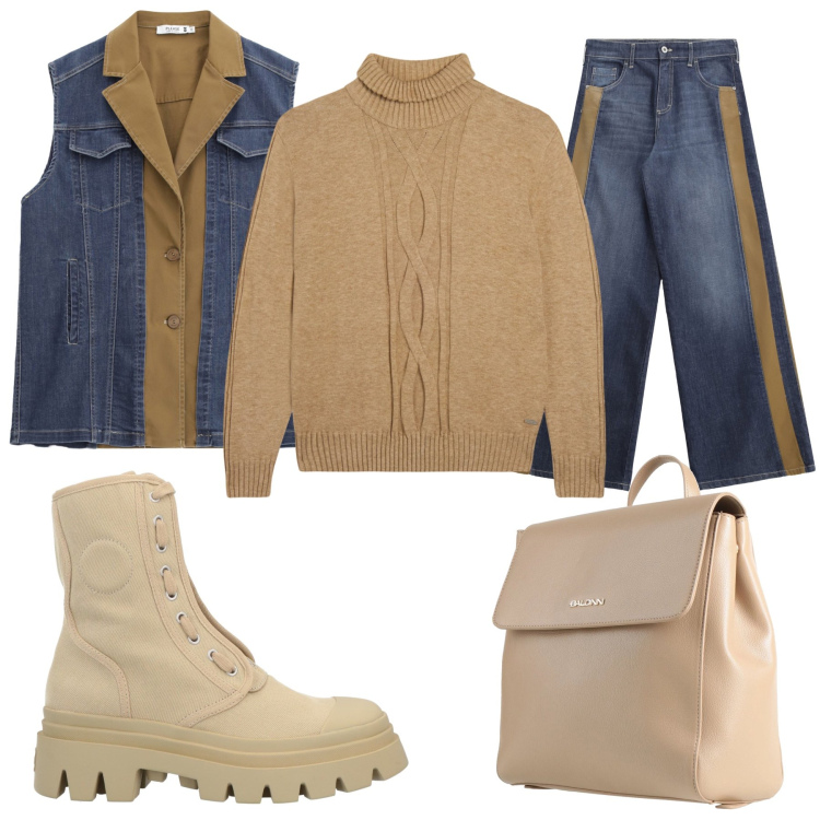 Outfit donna - Total look #2318574. Stile Urban per Scuola/Università. Abbinamento con stivaletti, zaini, jeans a zampa, gilet, maglieria.