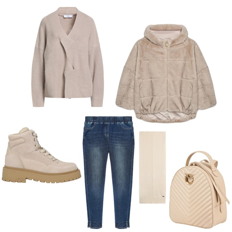 Outfit donna - Outfit invernale. Stile Basic per Tutti i giorni. Abbinamento con pullovers, stivaletti, zaini, sciarpe, ecopellicce, jeggings.