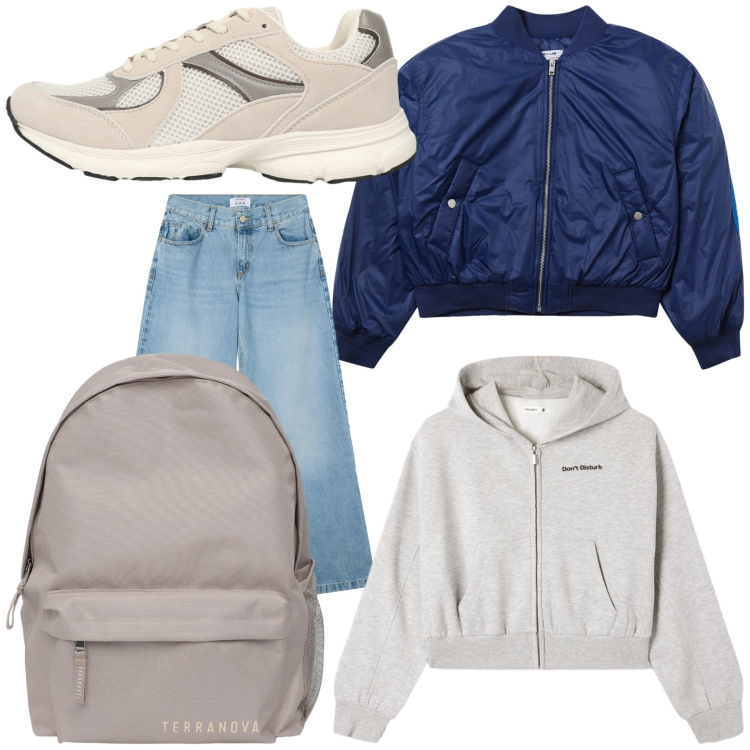 Outfit donna - Che affaroni Terranova. Stile Casual per Tutti i giorni. Abbinamento con bomber, zaini, felpe con cappuccio, jeans, sneakers.