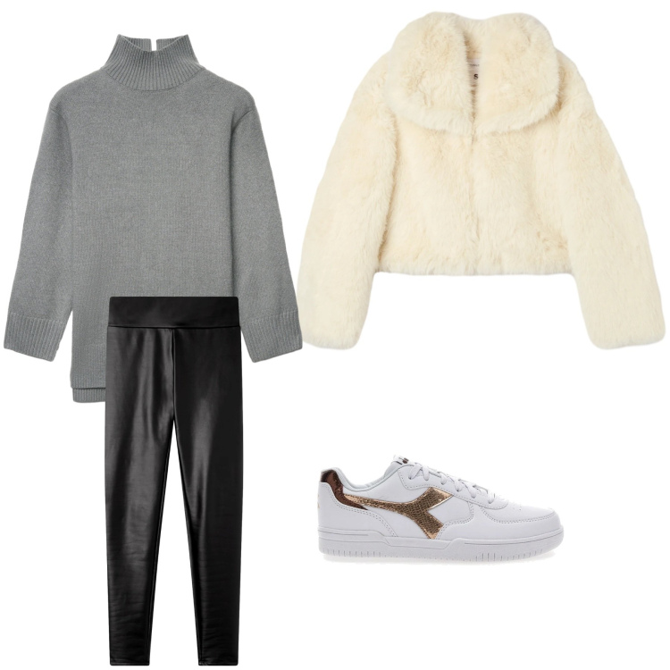 Outfit donna - Basic. Stile Basic per Tutti i giorni. Abbinamento con maglieria, leggings, ecopellicce, sneakers.