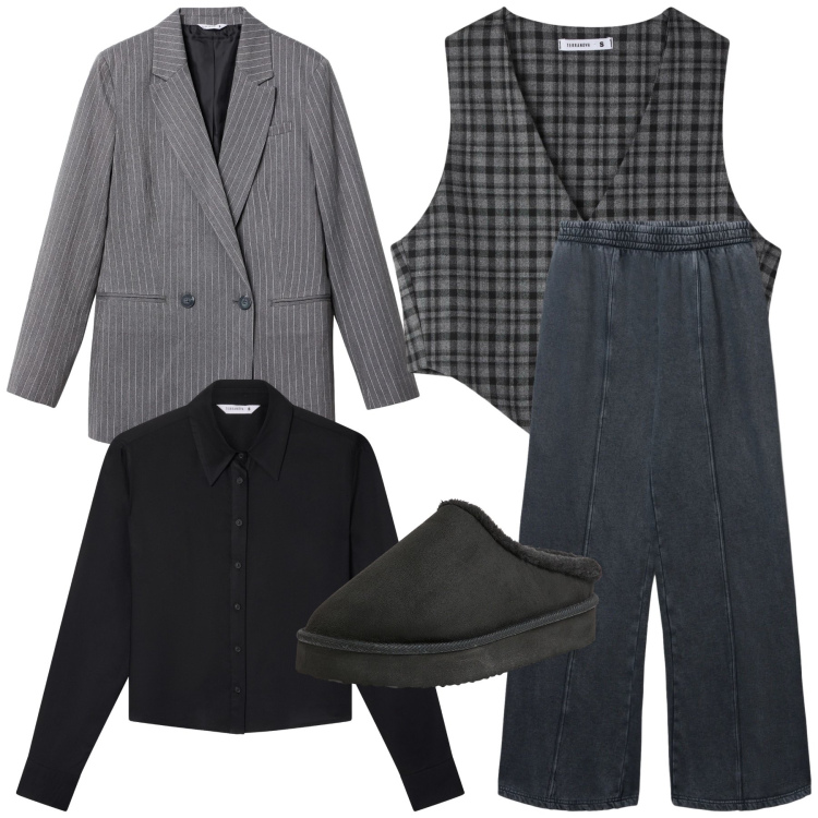 Outfit donna - Mannish Terranova. Stile Mannish per Ufficio. Abbinamento con gilet, camicie, blazer, pantaloni, sabot.