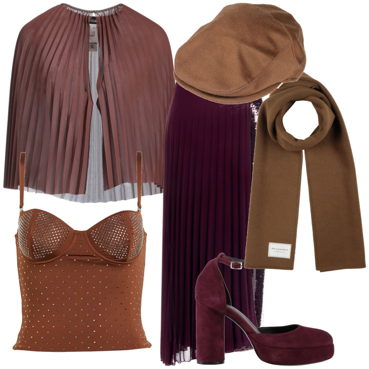 Outfit donna - Una serata non nel solito nero. Stile Glamour per Serata fuori. Abbinamento con cappe, cappelli, décolleté, sciarpe, top, gonne longuette.