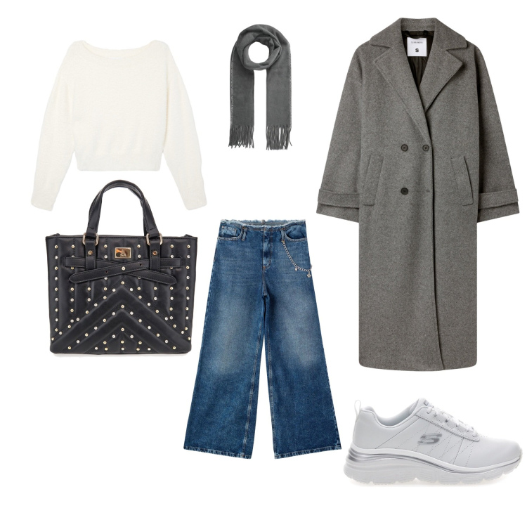 Outfit donna - White & Grey. Stile Casual chic per Tutti i giorni. Abbinamento con cappotti, sciarpe, maglieria, jeans dritti, sneakers, borse a mano.