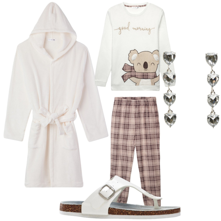 Outfit donna - Un amore di casa. Stile Basic per Tutti i giorni. Abbinamento con infradito, orecchini, pigiama, vestaglie.