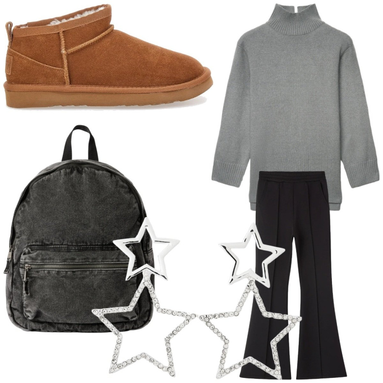 Outfit donna - Total look #2318585. Stile Basic per Tutti i giorni. Abbinamento con maglieria, zaini, pantaloni, orecchini, stivaletti.