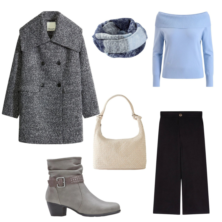 Outfit donna - Total look #2318586. Abbinamento con cappotti, stivaletti, shopping bag, foulard, pantaloni a palazzo, pullovers.