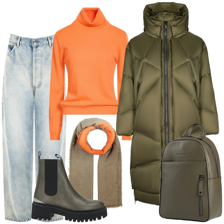 Outfit donna - Caldo piumino. Stile Casual per Tutti i giorni. Abbinamento con stivaletti, zaini, maglieria, sciarpe, jeans, cappotti.