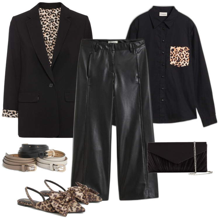 Outfit femme - Léopard. Style Ethnique pour Soirée dehors. Assortir avec blazers, jupe-culotte, pochette, chemisiers, ballerines, ceintures.
