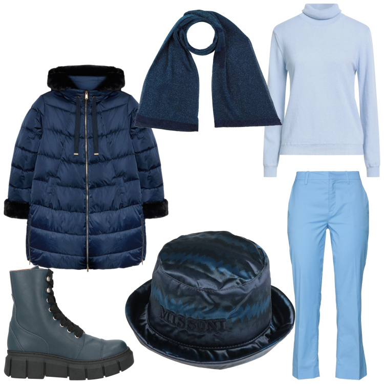 Outfit donna - Blu neve. Stile Casual per Tutti i giorni. Abbinamento con pantaloni, maglieria, stivaletti, sciarpe, cappelli, piumini.