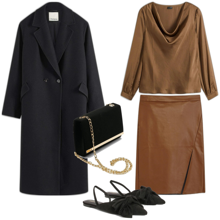 Outfit femme - Soft Chic. Style Minimal pour Soirée dehors. Assortir avec manteaux, tuniques, jupes, pochette, ballerines.