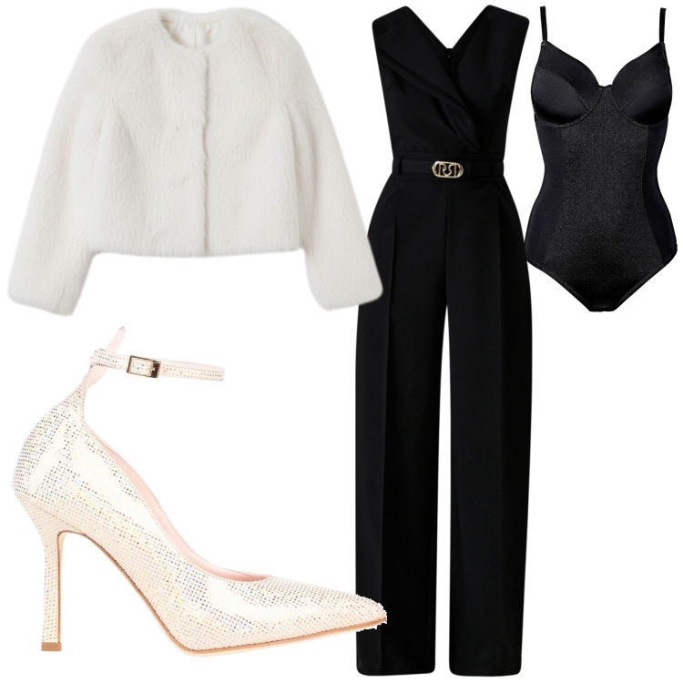 Outfit donna - Eleganza Artica. Stile Casual chic per Serata fuori. Abbinamento con body, zaini, décolleté, ciondoli, vestiti chemisier, ecopellicce.