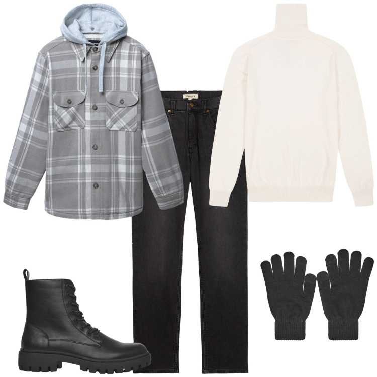 Outfit uomo - Sporty passeggio nel week end. Stile Casual per Tutti i giorni. Abbinamento con jeans dritti, anfibi, cappotti, guanti, maglieria.