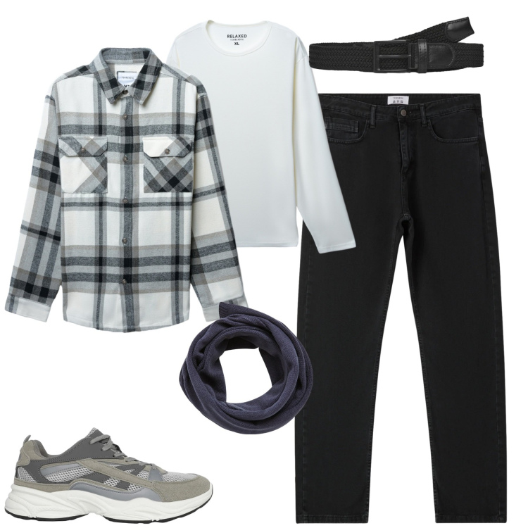 Outfit uomo - Weekend lento. Stile Casual per Tutti i giorni. Abbinamento con sciarpe, cinture, sneakers, cappotti, t-shirt, jeans dritti.