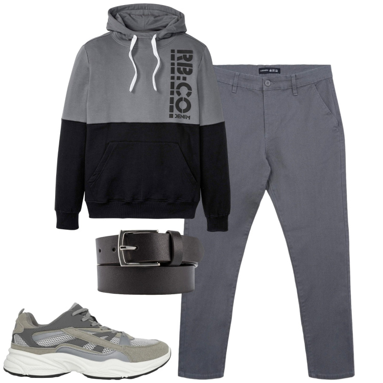 Outfit uomo - City. Stile Casual per Tutti i giorni. Abbinamento con felpe con cappuccio, sneakers, pantaloni chino, cinture.