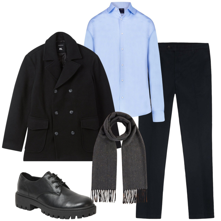 Outfit uomo - City. Stile Urban per Tutti i giorni. Abbinamento con scarpe stringate, caban, camicie, pantaloni, sciarpe.