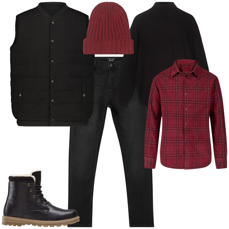 Outfit uomo - Urban toni nero rosso week end. Stile Urban per Tutti i giorni. Abbinamento con stivali e stivaletti, jeans skinny, maglieria, berretti, piumini, camicie.