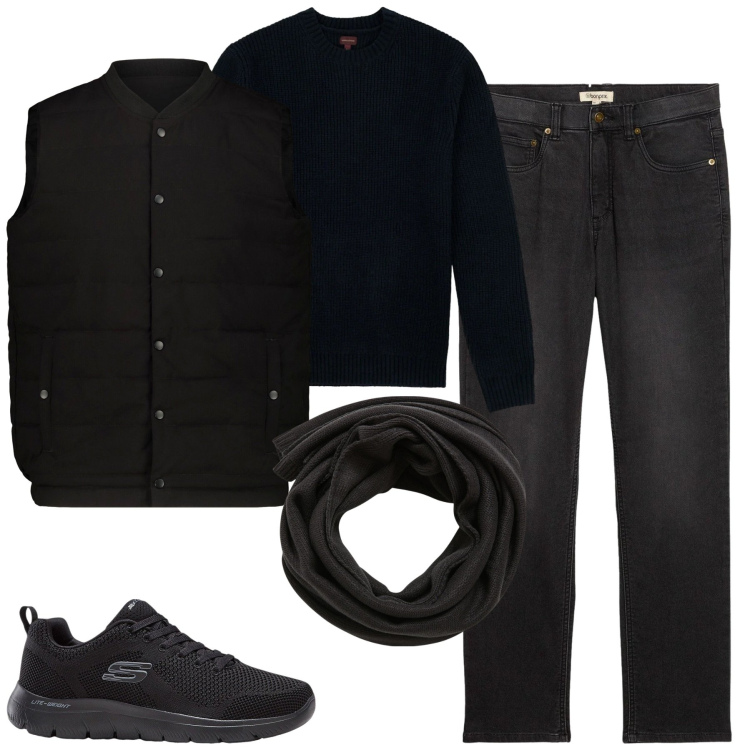 Outfit uomo - Gennaio. Stile Casual per Tutti i giorni. Abbinamento con sneakers, jeans dritti, sciarpe, piumini, maglieria.