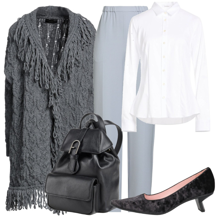 Outfit donna - Un caldo cardigan. Stile Glamour per Ufficio. Abbinamento con cardigans, camicie, pantaloni, décolleté, zaini.